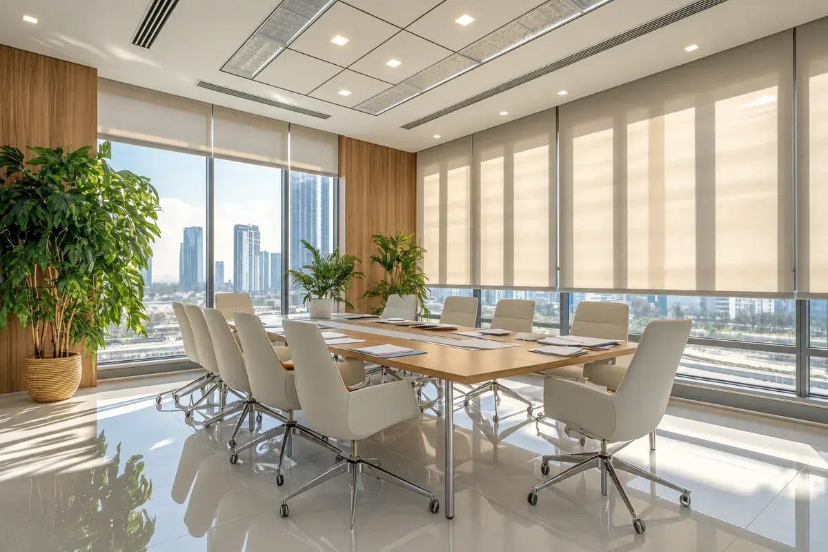 A bright meeting room prepared for a research discussion
